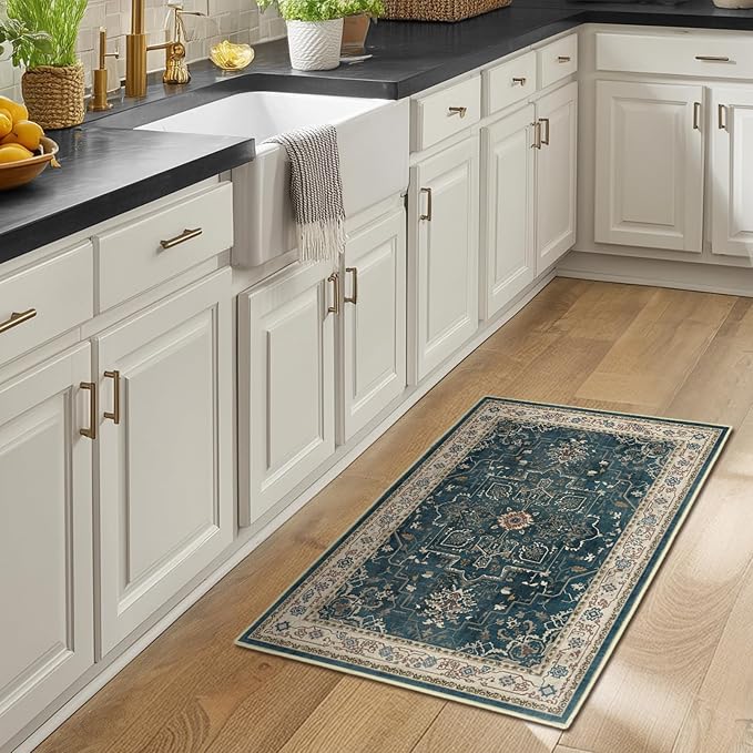 Vintage Distressed 2x3 Kitchen Rugs Washable Non Slip, Medallion Door Mat Indoor Entrance Entryway, Small Low Pile Rugs for Bedroom/Bathroom Vanity/Laundry Room, Deep Blue/Multi