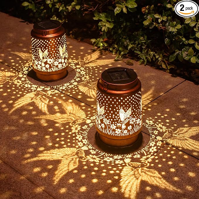 DIBIEECN 2 Pack Hummingbird Solar Lanterns Outdoor Waterproof, Garden Decor | Metal Hanging Lights, IP65 Waterproof, LED Decorative Lantern, Patio & Backyard, Birthday Gifts for Women, Mom & Grandma
