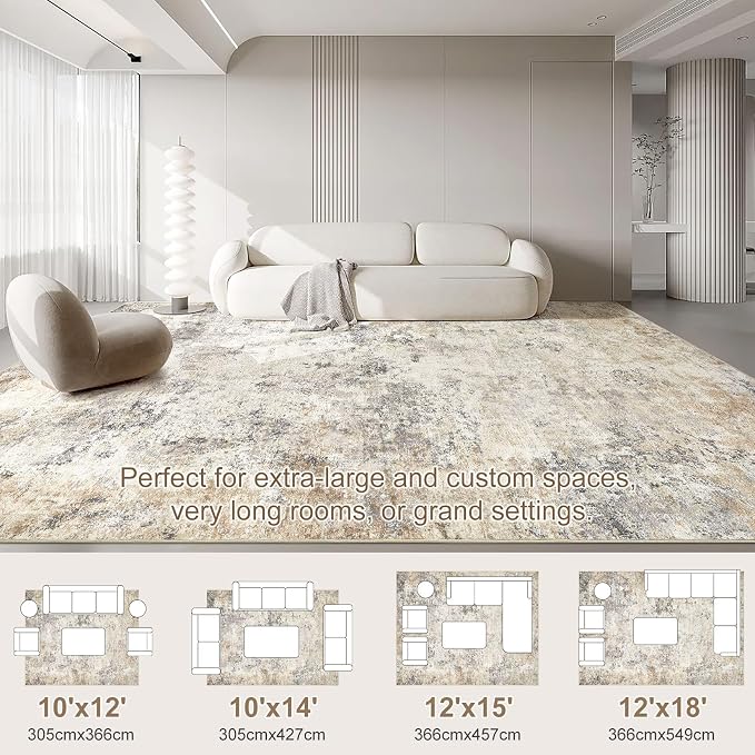 UERMEI 10x12 Area Rug Living Room Rugs - Washable Neutral Modern Abstract Soft Thin Large Rug Indoor Floor No Slip Rug Carpet for Bedroom Under Dining Table Home Office Decor - Golden Grey