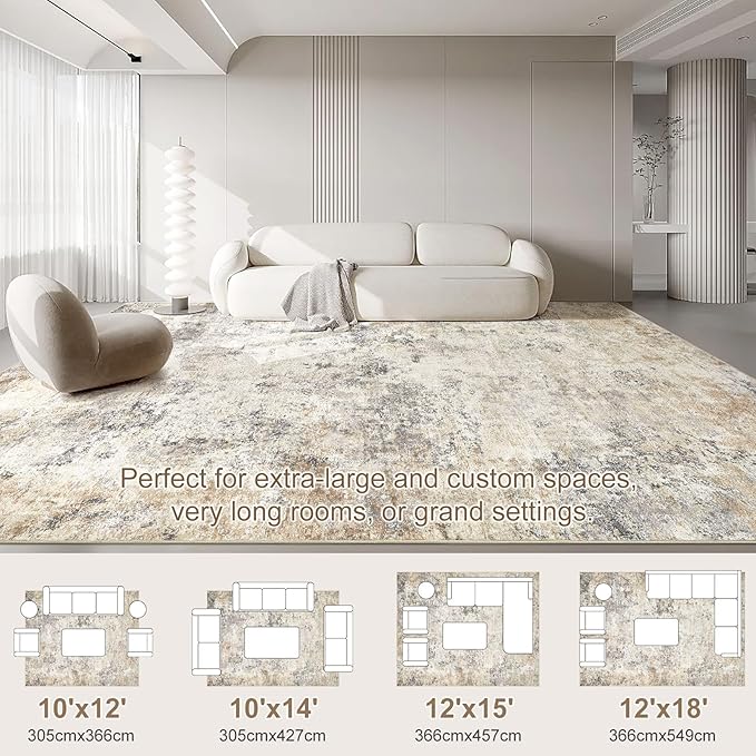 UERMEI 10x14 Washable Area Rug - Neutral Modern Abstract Living Room Rugs, Non-Slip Soft Large Indoor Floor Carpet for Bedroom Home Office & Under Dining Table Decor, Golden Grey