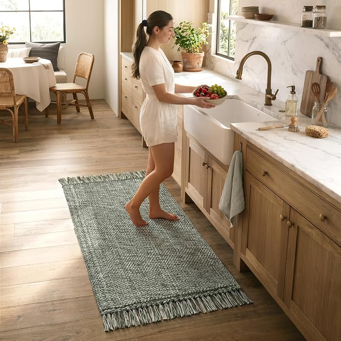 Boho Sage Green Kitchen Runner Rug, 2' x 4.3' Washable Bathroom Rug | Modern Farmhouse Hand-Woven Bathroom Mat, Washable Front Door Mats Reversible Entry Carpet for Laundry Bedroom Porch Decor