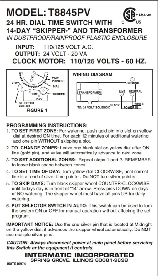 Intermatic Sprinkler Irrigation Timer T8845PV with 14-Day Skipper and Auto Shut-Off Programmable 60 Cycles enclosed in NEMA 3R Indoor/Outdoor Durable Casing