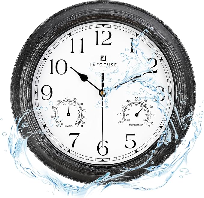 Lafocuse 12 Inch Black Outdoor Clocks Waterproof for Patio Pool Bathroom | With Thermometer Combo and Hygrometer, Vintage Rustic Weather Outside Clock for Garden Garage Porch Kitchen, Silent, Accurate