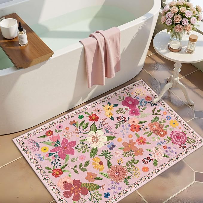 Latte&Fog Floral Entryway Area Rug, 2x3 Washable Pink Rugs for Entry | Low Pile Non Slip Soft Throw Rug Doormat for Entrance Bathroom Laundry Bedroom Nursery Playroom Hallyway Dorm Decor Office