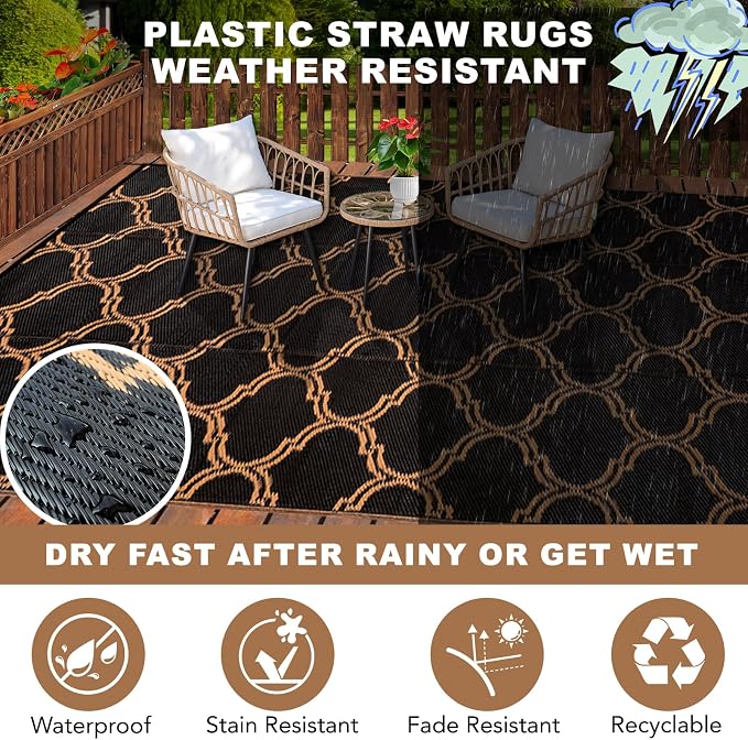 Alfolo 9x12 Outdoor Rug for Patio & RV Camping - Waterproof Plastic Straw Mat with Corner Loops & Carry Bag - Reversible, UV Fade-Resistant & Easy to Clean (Black/Brown)