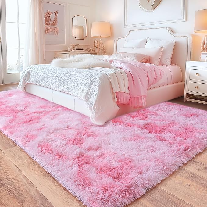 8x10 Area Rugs for Living Room, Large Ultra Fluffy Fuzzy Shag Rug for Bedroom, Modern Plush Soft High Pile Upgrade Non-Slip Carpet for Kids Girls and Boys Room Dorms Decor, Tie-Dyed Pink