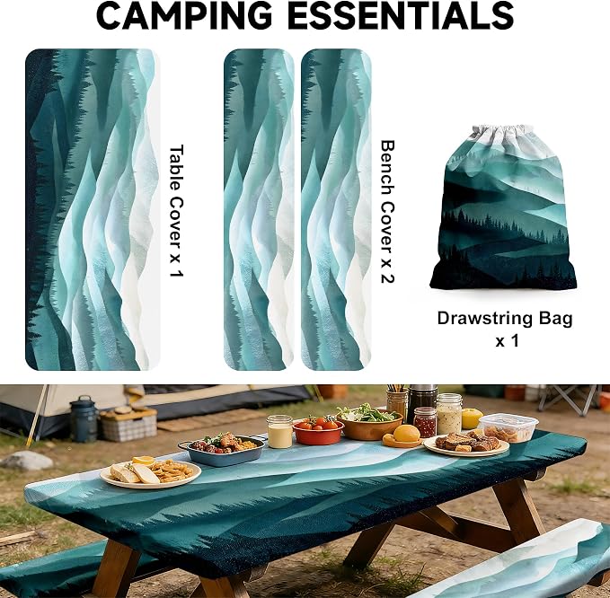 NYZE 3 Piece Picnic Cover Set Table Cover with Bench Covers, Elastic Edge Camping Tablecloth, Mountain Decorative Cover with Drawstring Bag, Camping Essentials for Outdoor Picnics, Patio, BBQ