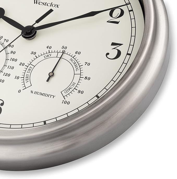 Westclox Indoor/Outdoor Wall Clock with Temperature & Humidity Gauges, Weather-Resistant, Quartz Accuracy, Battery-Powered (Silver, 12-Inch)