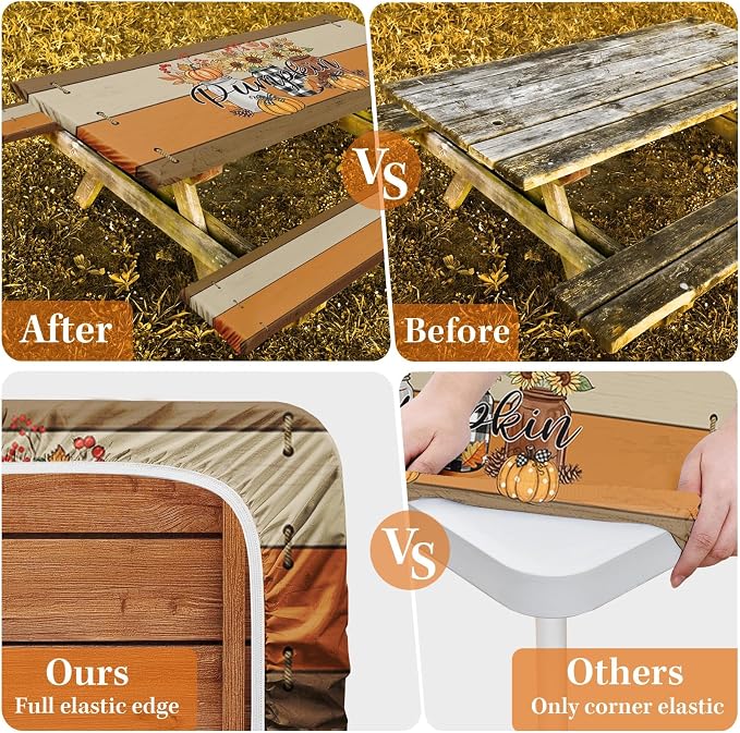 Fall Picnic Table Cover with Bench Covers, Outdoor Camping Essentials 6FT 3PCS Fitted Rectangle RV Must Haves Tablecloth with Drawstring Bag