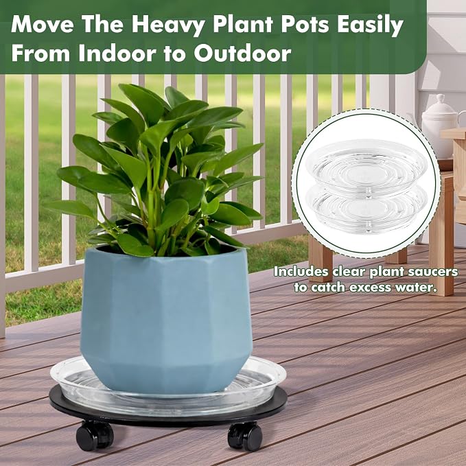 Planterhoma 3 Packs 14 Inch Rolling Plant Stand with Wheels Metal Plant Caddy with Wheels Heavy Duty Plant Rollers with Wheels Round Wrought Iron Plant Stand with Clear Saucers, Matte Black
