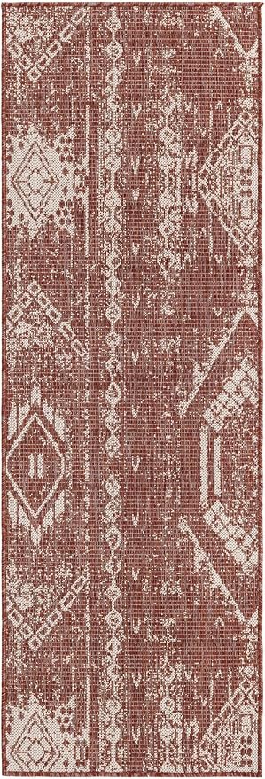 Unique Loom Outdoor Bohemian Collection Area Rug - Anthro (2' x 6' 1" Runner, Rust Red/ Ivory)