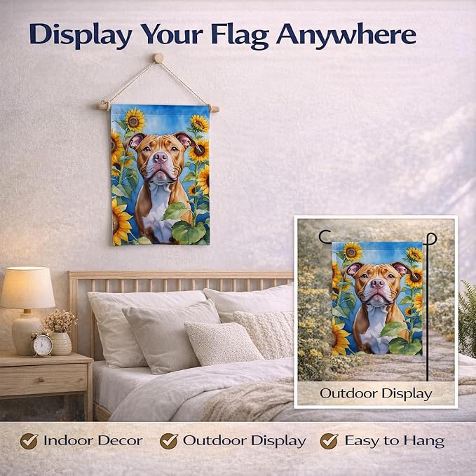 Caroline's Treasures DAC6133GF Pit Bull Terrier in Sunflowers Garden Flag Mailbox Flag Decorative Yard Flag Banner Outside Patio Artwork Yard Flower Beds, Garden Size, Multicolor