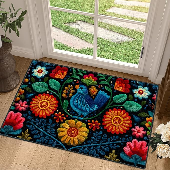Blue Bird Folk Art Floral 2x3 Entry Rug,Washable Small Rugs for Entryway Kitchen Bathroom Door Mat Indoor Entrance,Non Slip Rubber Backing, Stain & Fade Resistant,Vibrant Mexican Embroidery Decor