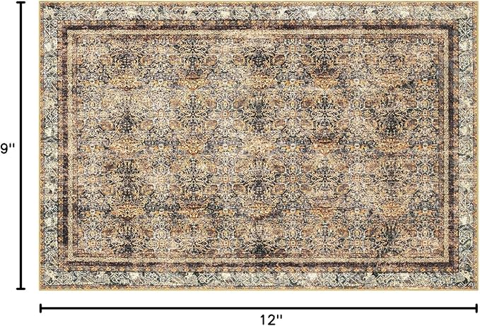 Phantoscope Washable Area Rug 9'x12' Non-Slip, Vintage Neutral Rugs for Living Room, Bedroom, Dining Room, Distressed Boho Floral Medallion Pattern, Low-Pile Foldable Carpet, Brown/Charcoal Spice