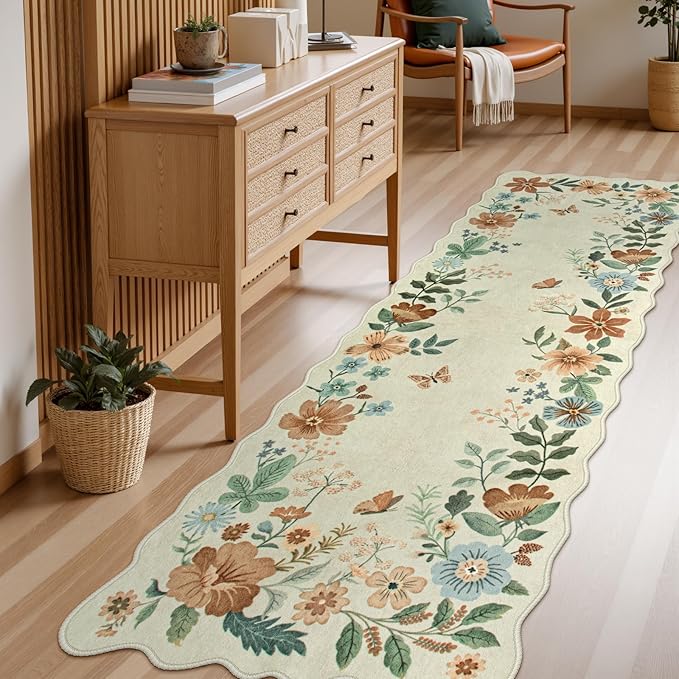 Lahome Floral Washable Runner Rug, 2'6''x8' Soft Hallway Rug Non Slip | Boho Ultra-Thin Kitchen Runners for Hallways with Rubber Backing Carpet for Laundry Bedroom Bathroom Flore (Beige)