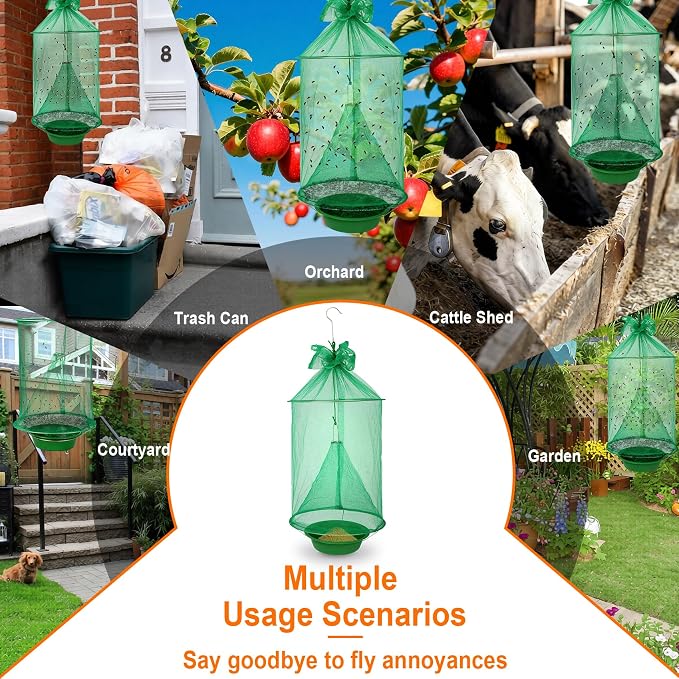6 Pack Reusable Ranch Fly Trap Hanging, Fly Traps Outdoor Fly Catcher Killer Hunter Cage Control, Farm Horse Stable Fly Trap for Orchard, Barn, Garden