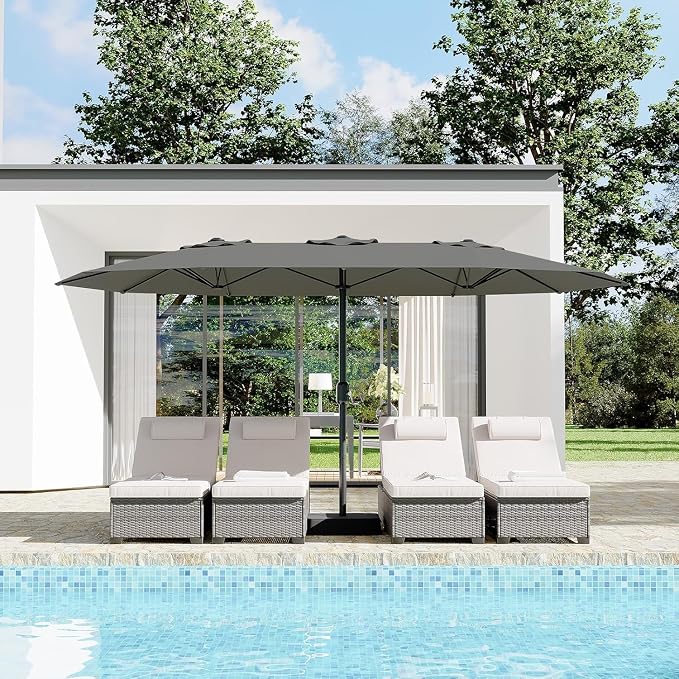 Garvee 15FT Rectangular Outdoor Umbrella Patio Umbrella with Base Included Large Market Umbrellas with Crank Handle UV Protection Table Umbrellas for Outdoor, Backyard, Deck, Poolside, Grey