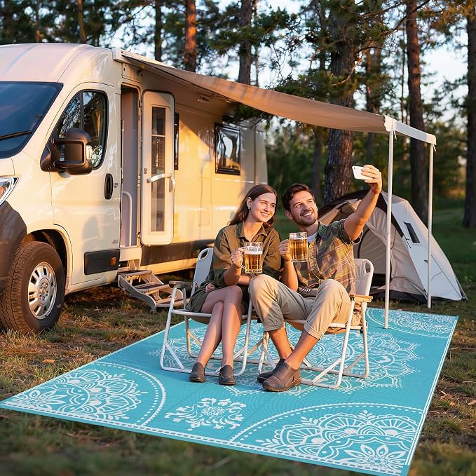 Pauwer Waterproof Outdoor Rug 6x9, Reversible Plastic Straw Patio Camping Rug, Indoor Outdoor RV Mat Carpet for Deck, Camper, Porch, Balcony, Backyard, Picnic, Floral Teal