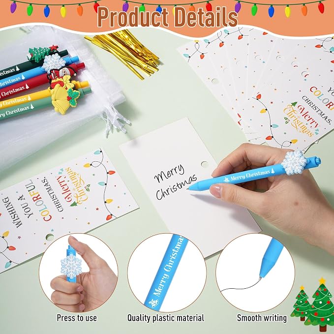 Marspark 30 Set Colorful Christmas Gifts Bulk Christmas Ballpoint Pens and Greeting Cards Set with Bag Twist Ties for Employee Coworker Teacher Student School Office Home Party Favor