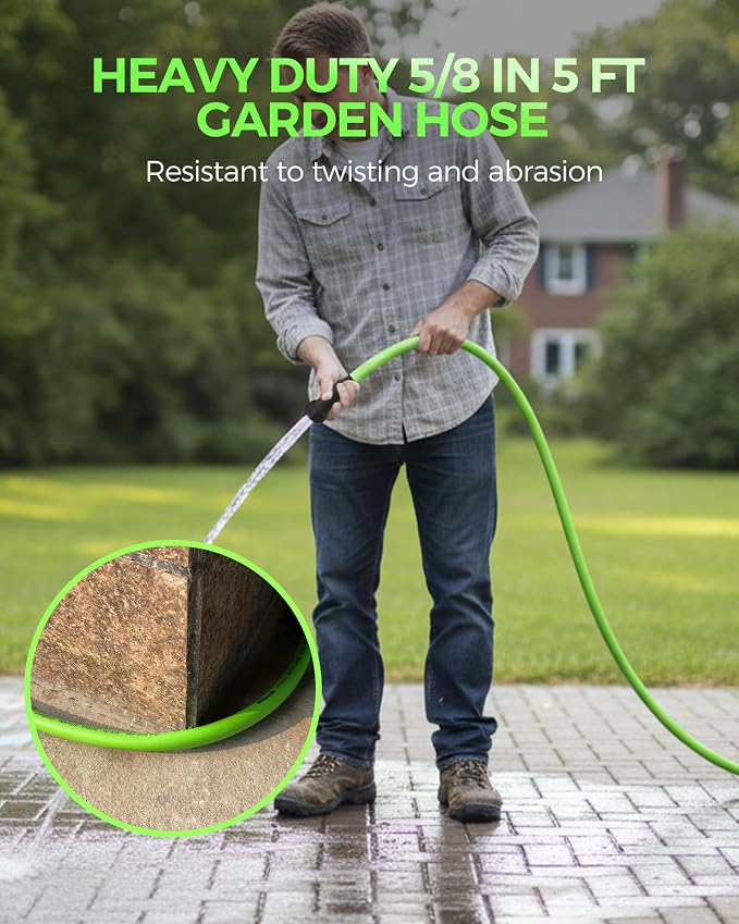 5FT x 5/8″ Garden Hose, Short Flexible Garden Hose with Swivel Handle, All-Weather Outdoor Use, 200 PSI Working, 450 PSI Burst, Lightweight Water Hose 5 Feet for Lawns, Yard, G5GH06