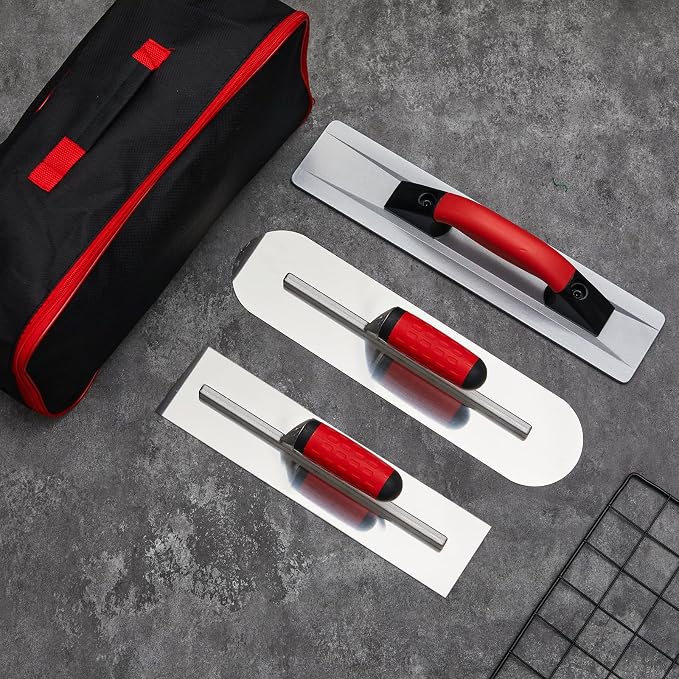 MorningRo 4 Pcs Concrete Hand Tools Set Includes Cement Magnesium Hand Float 16'' x 3-1/8'' Stainless Steel Pool Trowel 16'' x 4' Finishing Trowel 14'' x 4'' and Tool Bag