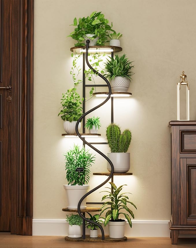Plant Stand Indoor with Grow Light,60" Tall Plant Shelf w/ 4-Head Grow Lights,Corner Plant Stands for Multi Plants,6 Tiered Large Plant Holders,Metal S-Shaped Plant Rack for Home Office Patio
