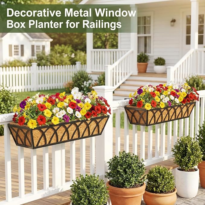HFHOME 2 Pcs 30" Deck Railing Planter Box with Horse Trough Coco Liners, Black Window Box Metal Hanging Flower Planters Baskets for Indoor, Outdoor, Balcony, Porch, Fence, Patio, and Lawn