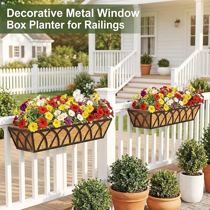 HFHOME 4 Pcs 30" Deck Railing Planter Box with Horse Trough Coco Liners, Black Window Box Hanging Flower Planters Baskets for Indoor, Outdoor, Balcony, Porch, Fence, Patio, and Lawn