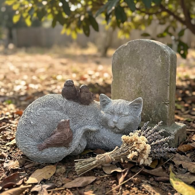 Resin Sleeping Cat Memorial Statue with Birds – Indoor Outdoor Garden Figurine Decor for Patio, Yard & Home, Realistic Tribute Sculpture, Sympathy Gift for Pet Lovers (11.4×7.3×5.9 in)