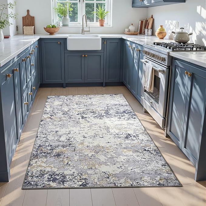Toneed 4x6 Washable Non Slip Abstract Area Rugs for Bedroom Living Room | Soft Modern Low Pile Rug for Kitchen Hallway Office,Indoor Carpet for Kids Nursery Home Decor, Blue White Gold