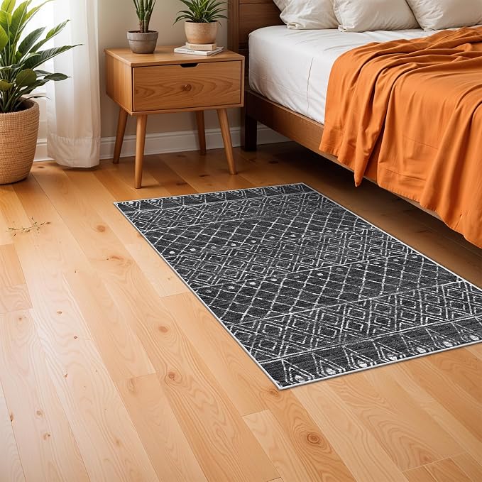 2x3 Entryway Small Area Rug: Washable Moroccan Geometric Door Mat Black | Non Slip Low-Pile Kitchen Runner for Bedroom Laundry Room - Small Soft Ultra Thin Scatter Carpet for Boho Chic Decor