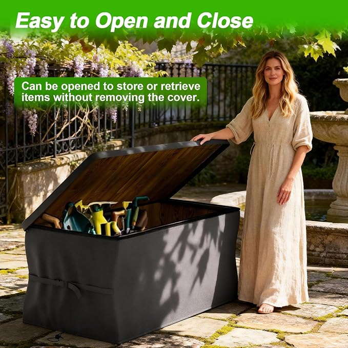 EVRBUL Upgraded Deck Box Cover 63×30×28 Inch for 150-230 Gallon Outdoor Storage Container Heavy Duty 420D Cover with Durable Two-way Zipper Windproof Buckles and Drawstrings