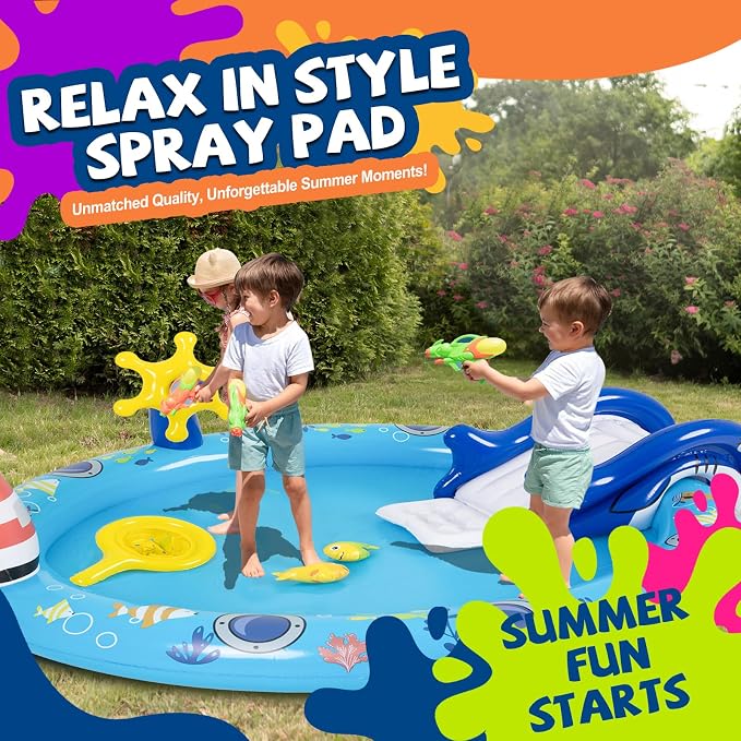 DIMAR GARDEN Inflatable Kids Swimming Pool Water Slide, Round Spray Pool Play Center, Blue