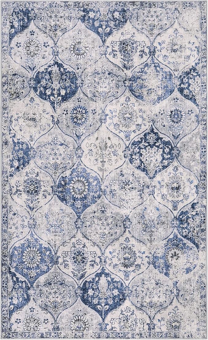 Lahome Moroccan Washable Small Area Rug, 3x5 Rugs for Bedroom Living Room | Trellis Non-Slip Oriental Throw Carpet for Kitchen Office Entryway Bathroom Office Elise White/Royal, Blue