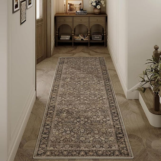 HUGEAR 2x6 Runner Rug Machine Washable Brown Hallway Area Rugs Indoor Accent Rugs Floral Mid Pile Carpet Distressed Soft Thicker Throw Rug Bedroom Office Dining Kitchen Laundry Non Slip