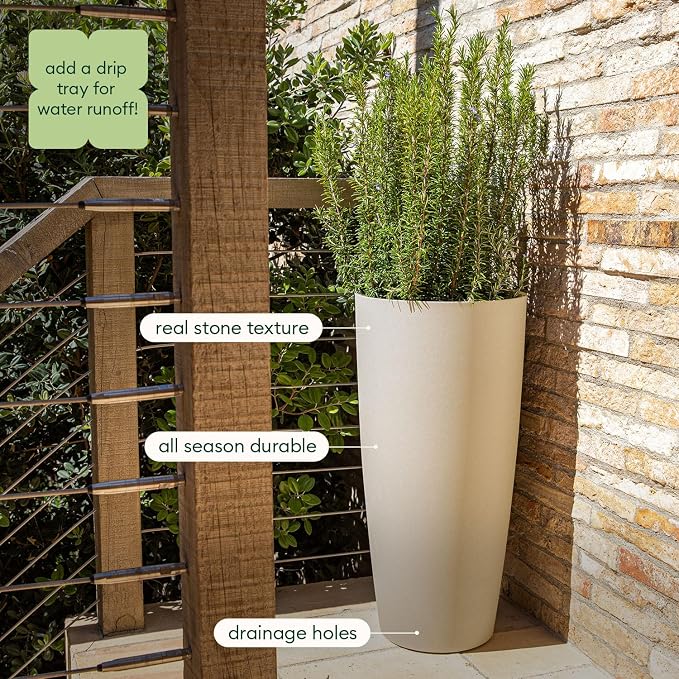 Veradek Mason Series Vega Planter - Round Tall Planter for Indoor or Outdoor Porch/Patio | Made from Plastic-Stone Composite with Drainage Holes | Modern Décor for, Flowers, Interior Plants