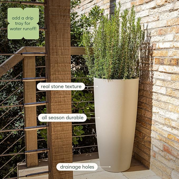 Veradek Mason Series Vega Planter - Round Tall Planter for Indoor or Outdoor Porch/Patio | Made from Plastic-Stone Composite with Drainage Holes | Modern Décor for, Flowers, Interior Plants