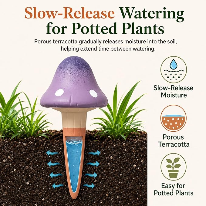Terracotta Watering Spikes 4 Pack, Cute Self Watering Plant Spikes, Clay Plant Watering Devices, Slow Release Self Watering Planter Insert for Indoor Outdoor Potted Plants (Mushroom) | Porous terracotta, Top refill design, Decorative owl shape, Easy pl...