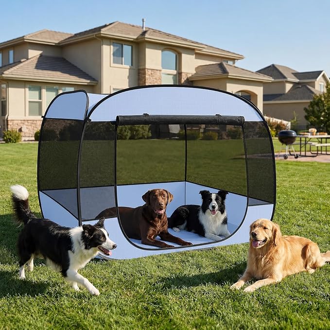 EighteenTek XLarge Popup Portable Dog Houses, 5.3'x4'H Assembly-Free Gazebo-Style Dog Cot Cat Playpen Screen Pet Tent Sun Shade Shelter Dog Bed with Canopy for Outdoor, Anti-Bugs with Leakproof Bottom