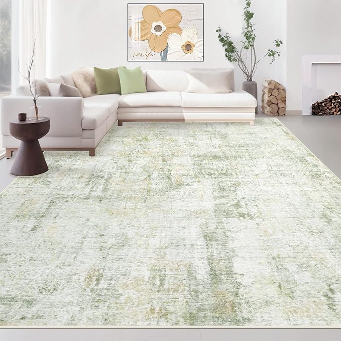 Area Rugs 8x10 Living Room: Washable Rug Modern Abstract Large Rugs Soft Non Slip Neutral Rug Stain Resistant Indoor Carpet for Bedroom Kitchen Dining Room Home Office Rugs(Green Brown,8'x10')