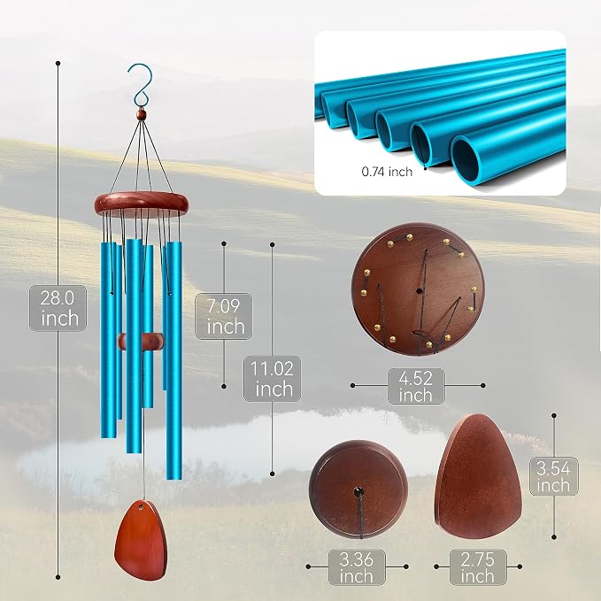 28" Wind Chimes for Outside. Deep Tone Lovely Wind Chimes with 6 Aluminum Tubes Courtyard Decoration. Windchimes Outdoor Create an Enjoyable Atmosphere & Give Mom a Gift（Blue）