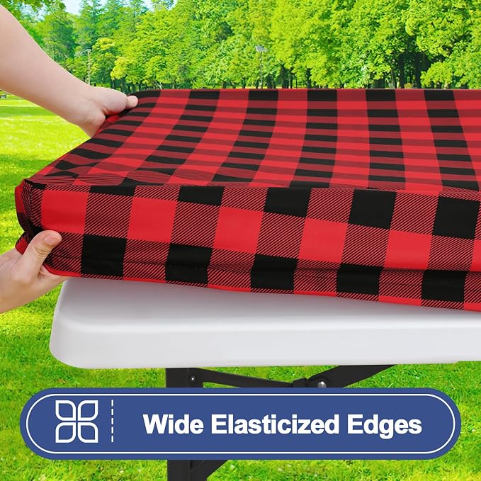 Smiry Picnic Table Cover with Bench Covers, Waterproof Elastic Fitted Tablecloths for 8 Foot Rectangle Tables, Washable Buffalo Plaid Tablecloth for Camping, Outdoor & Christmas (Black & Red, 30"x96")
