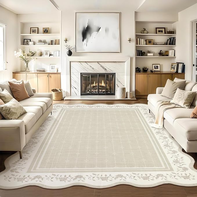 Garvee Large Area Rug Washable 10x13 Scalloped Floral Living Room Rug Beige | Soft Non Slip Low Pile Indoor Carpet Stain Resistant Modern Bordered Accent Carpet for Bedroom Nursery Kids Room Office