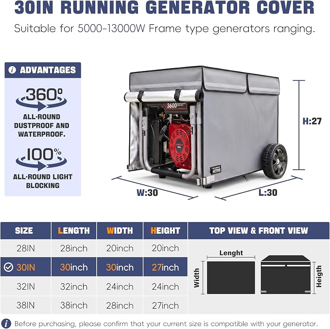 30×30×27 Inch Generator Covers for Outside. 900D+210D Double-layer Fabric, Designed to Handle Extreme Weather with Ease. Fits Most 5000-13000W Generators. Black
