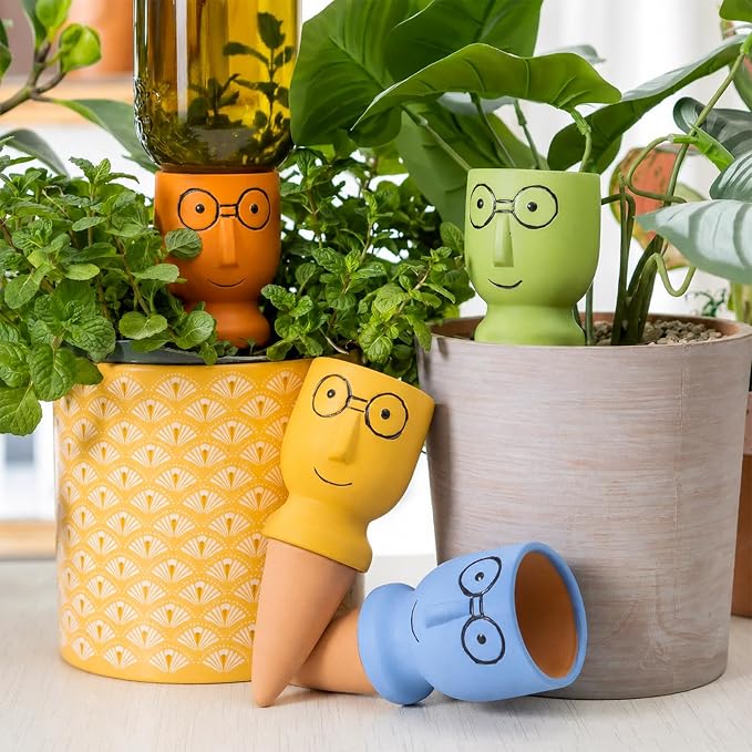 Terracotta Watering Spikes 4 Pack, Cute Self Watering Plant Spikes, Clay Plant Watering Devices, Slow Release Self Watering Planter Insert for Indoor Outdoor Potted Plants (Big Head)
