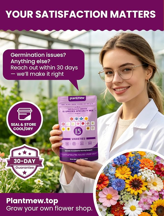 Cut Flower Seeds Mix – 15 Heirloom Varieties, 10,000+ Seeds for Outdoor Planting, High Germination, Long Vase Life (Zinnia, Sunflower, Cosmos) – Covers 120 sq.ft. – Florist Curated for Bouquets