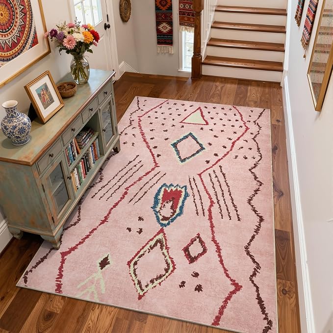 jinchan 5x7 Pink Hot Nerd Rug Modern Boho Geometric Washable Bedroom Rug | Moroccan Inspired, Artistic Pattern, Colorful Details, Washable, Soft Touch, Non-Slip, Low Pile, Living Room, Dining Room