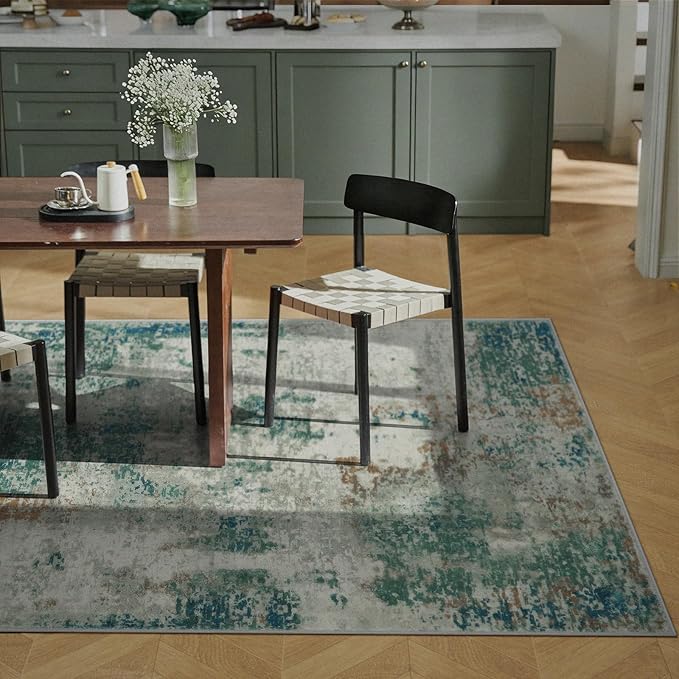 Lahome Modern Abstract Area Rugs 3x5 Washable Rug, Throw Rugs for Bedroom Low Pile Anti Slip, Distressed Accent Carpet for Entryway Kitchen Bathroom Laundry Front Door, Green/Grey