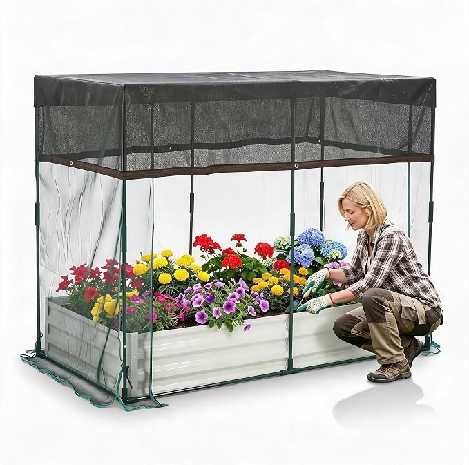 6x3x1Ft Galvanized Raised Garden Bed Kit w/Self Watering Irrigation & Mesh Cover, Metal Bottomless Raised Planter Box for Veggies Herbs Flowers, Rustproof Elevated Garden Bed Backyard Patio Farm