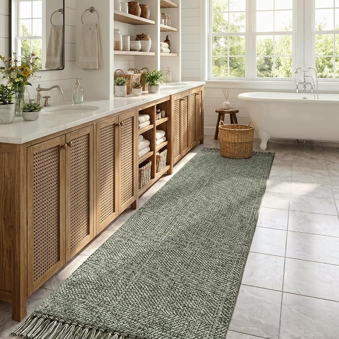 Kitchen Carpet Runners for Hallway 2.6x12ft, Washable Bathroom Rugs | Boho Sage Green Entryway Runner Rug, Hand-Woven Reversible Hallway Carpet for Laundry Bedroom Front Door Decor
